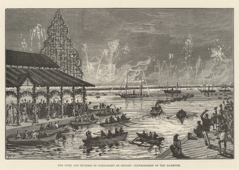 De hertog en hertogin van Connaught in Ceylon, verlichting van de haven door Walter Paget