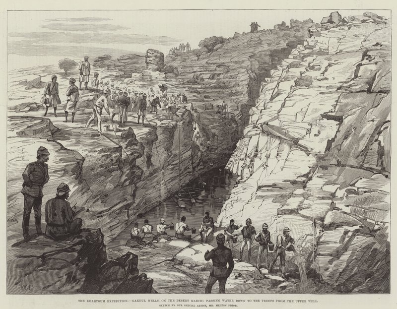 De expeditie naar Khartoem, Gakdul Wells, op de woestijnmars, water doorgeven aan de troepen van de bovenste bron door Walter Paget