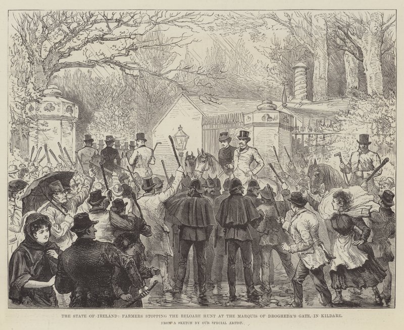 De staat van Ierland, boeren stoppen de Reloare-jacht bij de poort van de markies van Drogheda, in Kildare door Walter Paget