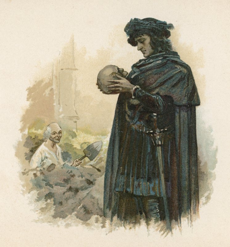 Hamlet met de schedel van Yorick (chromolitho) door Walter Stanley Paget