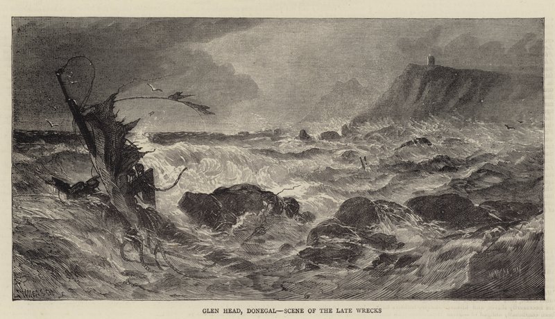 Glen Head, Donegal, scène van de recente wrakken door Walter William May