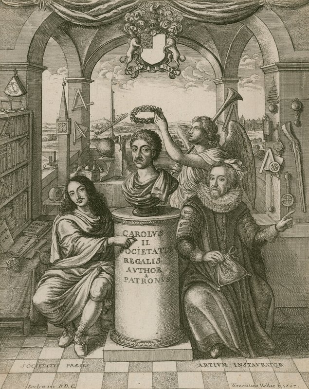 Buste van Karel II, met Lord Brouncker (links), de eerste President van de Royal Society, en Francis Bacon (rechts) door Wenceslaus Hollar