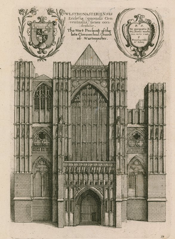 Het westelijke aanzicht van de voormalige kloosterkerk van Westminster, Londen door Wenceslaus Hollar