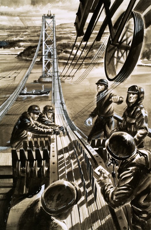 Het bouwen van de brug over de Firth of Forth (gouache op papier) door Wilf (20th century) Hardy