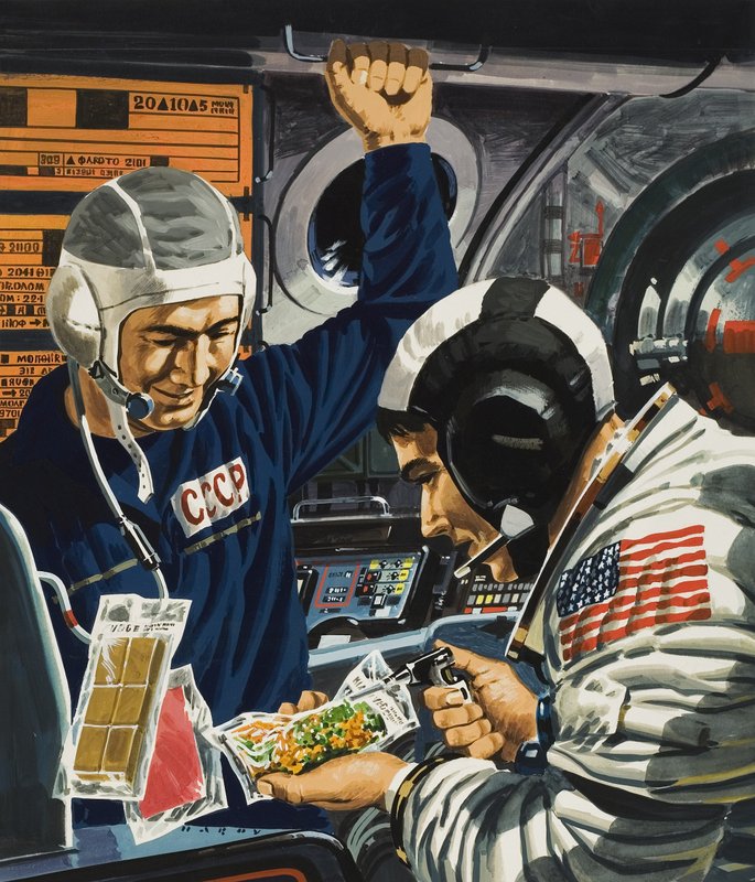 Diner in de ruimte (gouache op papier) door Wilf (20th century) Hardy