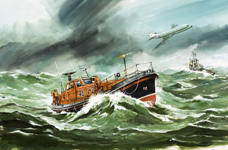 De 15 meter lange RNLI Oakley reddingsboot op weg naar een schip in moeilijkheden door Wilf (20th century) Hardy