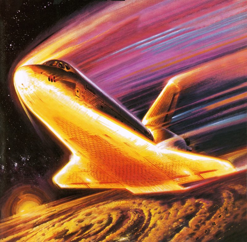 De spaceshuttle stelde zich voor bij het opnieuw binnenkomen van de aardatmosfeer door Wilf (20th century) Hardy