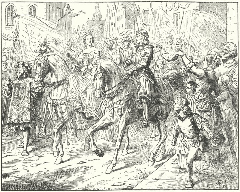 Aartshertog Maximiliaan, de toekomstige Heilige Roomse keizer Maximiliaan I, met zijn bruid, Maria van Bourgondië, in Gent door Wilhelm Camphausen