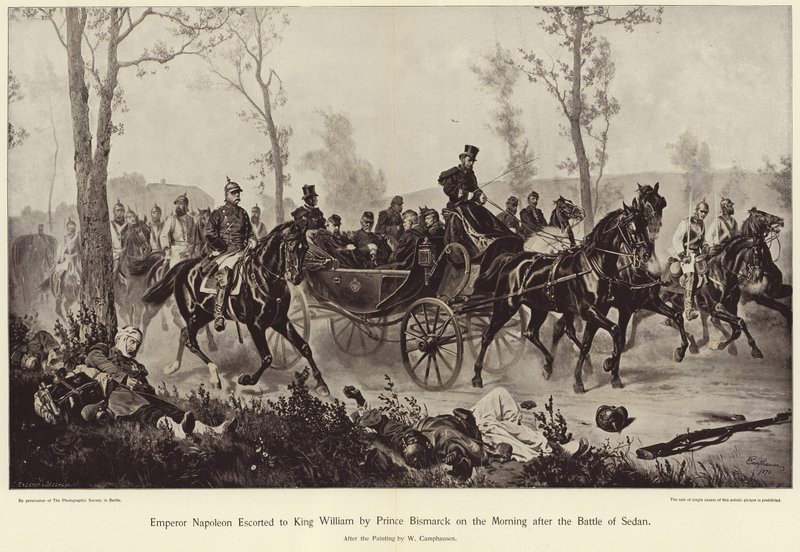 Keizer Napoleon begeleid naar Koning Willem door Prins Bismarck op de ochtend na de Slag bij Sedan door Wilhelm Camphausen