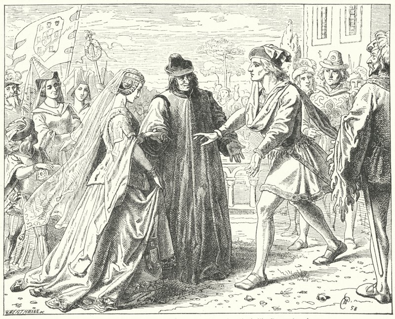 De Heilige Roomse Keizer Frederik III ontmoet zijn verloofde, Eleonora van Portugal, in Siena door Wilhelm Camphausen