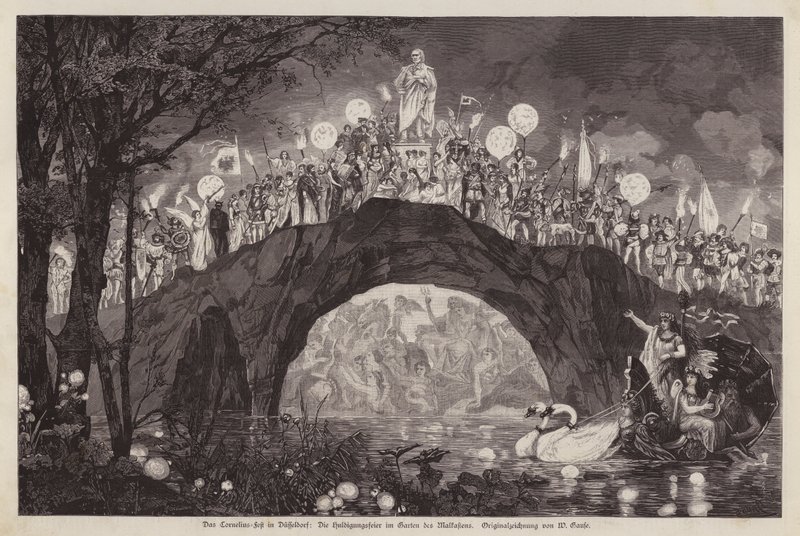 Festival ter ere van de kunstenaar Peter von Cornelius in het Malkastenpark, Düsseldorf, Duitsland (gravure) door Wilhelm Gause