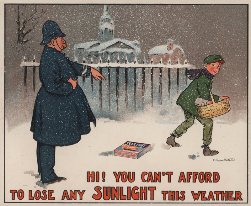 Politieagent waarschuwt een jongen die in de sneeuw loopt dat hij zijn pakje zeep heeft laten vallen: advertentie voor Sunlight-zeep door Will Owen