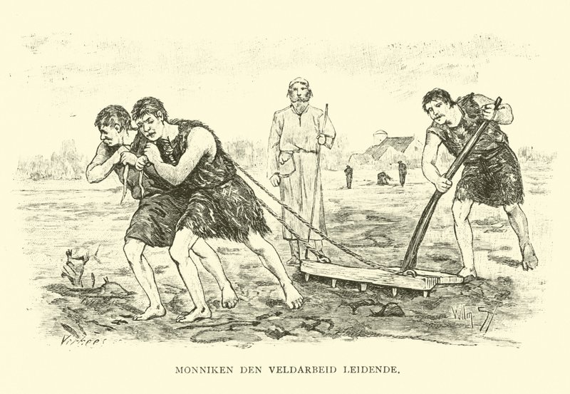 Monniken leiden het werk op de velden door Willem II Steelink
