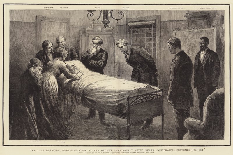 De overleden president Garfield, scène aan het bed direct na de dood, Longbranch, 19 september 1881 door William Allen Rogers