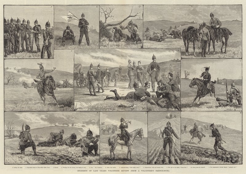 Incidenten van de vrijwilligersrecensie van vorig jaar, uit een vrijwilligersschetsboek door William Barnes Wollen