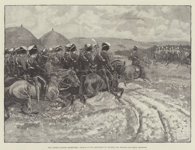De herfstmanoeuvres van de cavalerie, aanval van twee eskadrons cavalerie, 20th Hussars en Royal Dragoons door William Barnes Wollen
