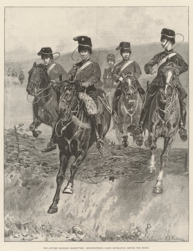 De herfst militaire manoeuvres, verkenningspartij terugtrekkend voor de vijand door William Barnes Wollen