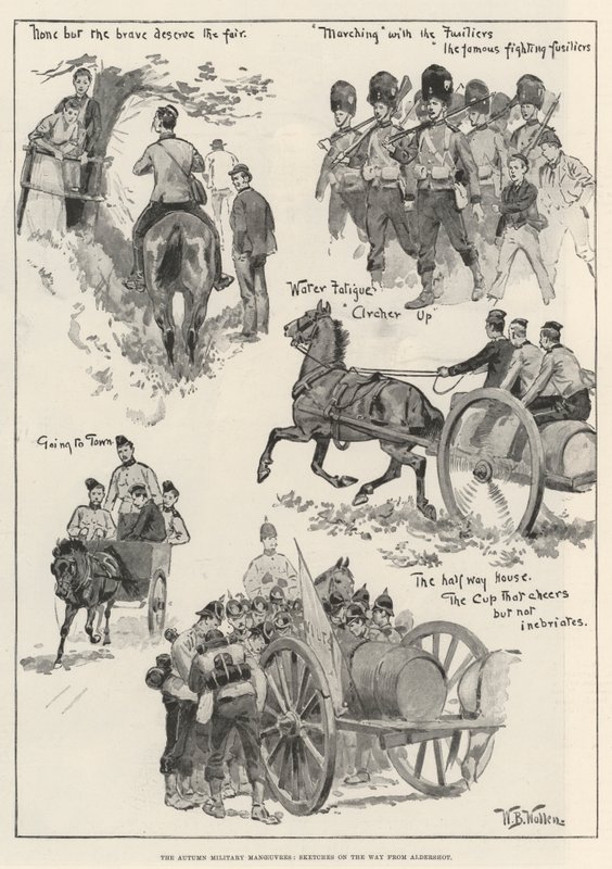 De herfst militaire manoeuvres, schetsen onderweg van Aldershot door William Barnes Wollen