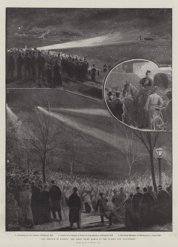 De verdediging van Londen, de grote nachtmars van de bewakers en vrijwilligers door William Barnes Wollen