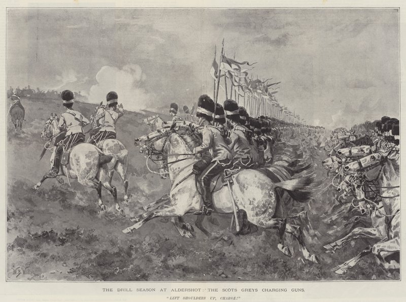 Het oefenseizoen in Aldershot, de Scots Greys die kanonnen aanvallen door William Barnes Wollen