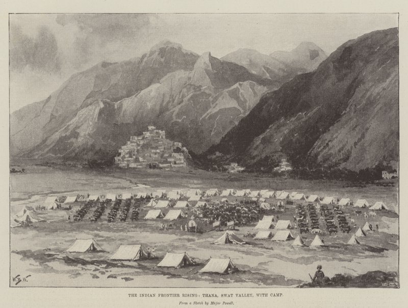De opstand aan de Indiase grens, Thana, Swat-vallei, met kamp door William Barnes Wollen