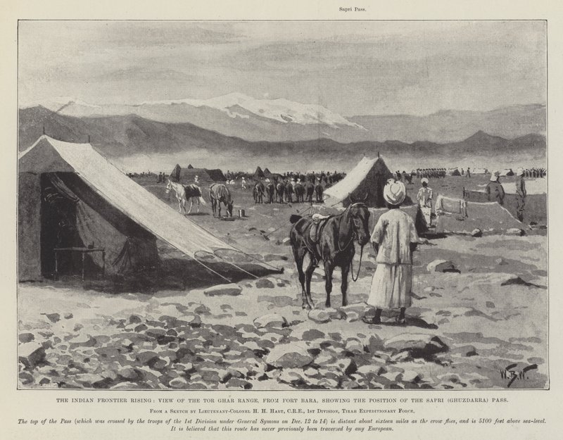 De Indiase Grensopstand, Uitzicht op de Tor Ghar Range, vanaf Fort Bara, met de Positie van de Sapri (Ghuzdarra) Pas door William Barnes Wollen