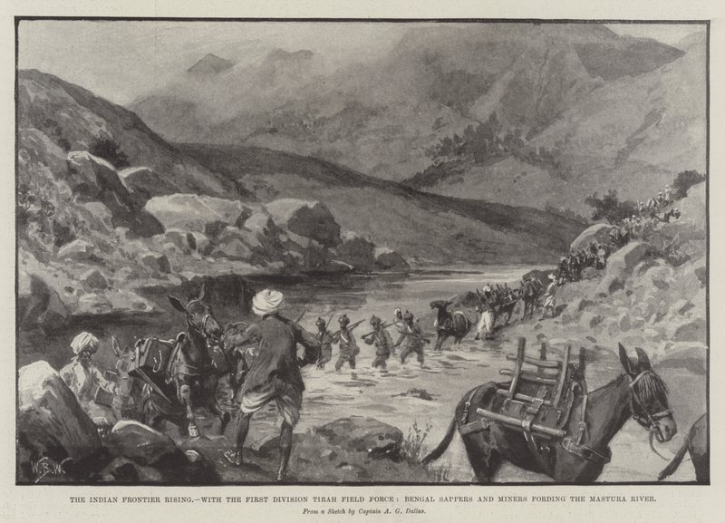 De Opstand aan de Indiase Grens, met de Eerste Divisie Tirah Veldmacht, Bengal Sappers en Miners die de Mastura Rivier doorwaden door William Barnes Wollen