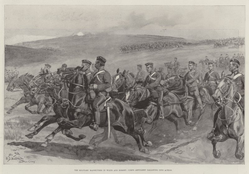 De militaire manoeuvres in Wilts en Dorset, korpsartillerie in galop naar actie door William Barnes Wollen