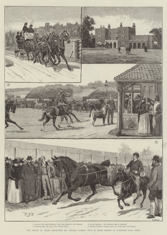De Prins van Wales inspecteert de Shire-paarden van Mr. Walter Gilbey in Elsenham Hall, Essex door William Barnes Wollen