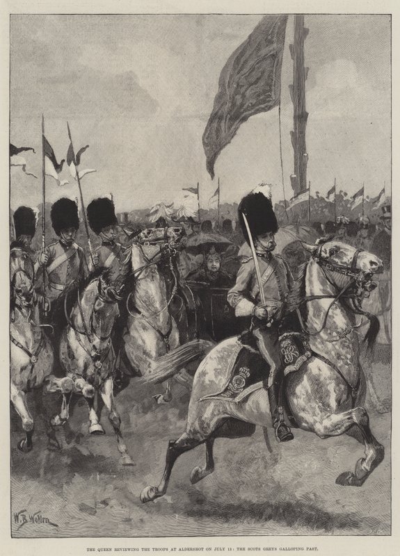 De koningin inspecteert de troepen in Aldershot op 13 juli, de Scots Greys galopperen voorbij door William Barnes Wollen