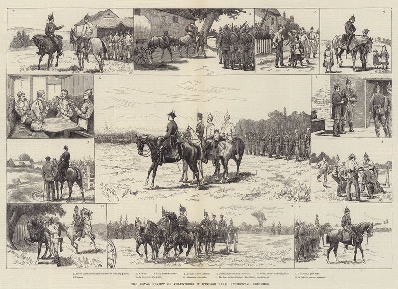 Het koninklijke overzicht van vrijwilligers in Windsor Park, incidentele schetsen door William Barnes Wollen