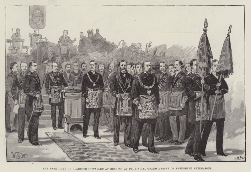 De overleden Hertog van Clarence geïnstalleerd in Reading als Provinciaal Grootmeester van de Vrijmetselaars van Berkshire door William Barnes Wollen