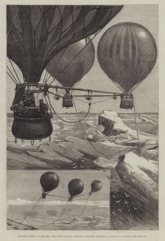 Voorgestelde methode om de Noordpool te bereiken met ballonnen, ballonnen starten, ballonnen voor anker door William Bazett Murray