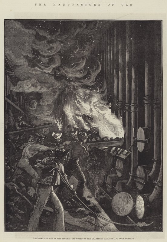 De Fabricage van Gas, het Laden van Retorten bij de Beckton Gasfabriek van de Chartered Gaslight and Coke Company door William Bazett Murray