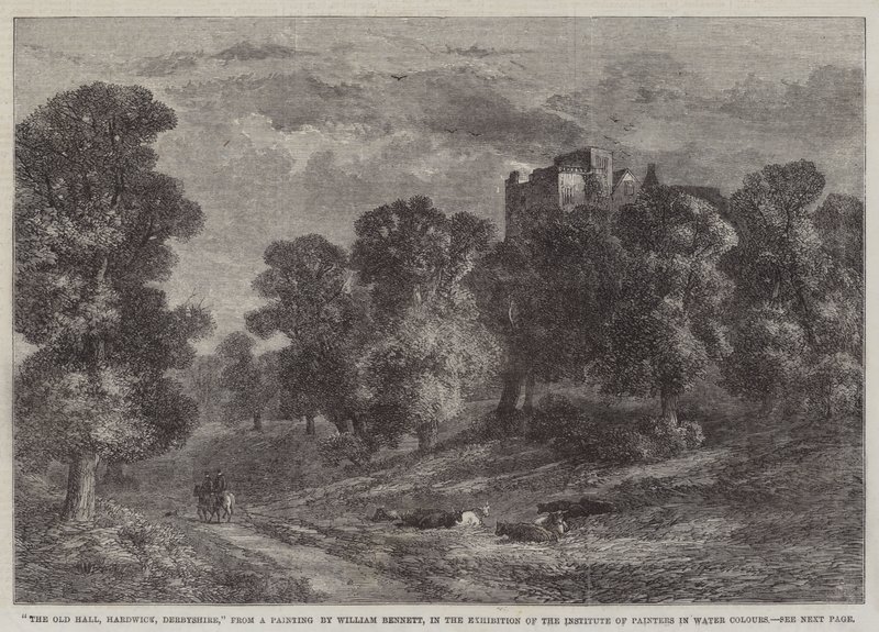 De oude hal, Hardwick, Derbyshire, in de tentoonstelling van het Instituut van Aquarellisten door William James Bennett