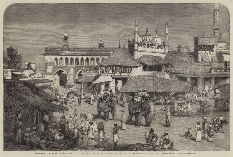 Lucknow, Bazaar over de oude brug bij de Goomtee door William Carpenter