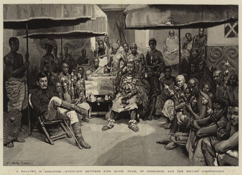 Een palaver in Ashantee, interview tussen koning Quaco Duah van Coomassie en de Britse commissaris door William Christian Symons