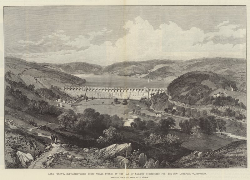 Lake Vyrnwy, Montgomeryshire, Noord-Wales, gevormd door de dam van metselwerk gebouwd voor de nieuwe Liverpool Waterwerken door William Crimea Simpson