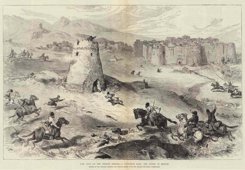 Verleden dagen aan de Perzische grens, een Turkoman Raid, de Toren van Refuge door William Crimea Simpson