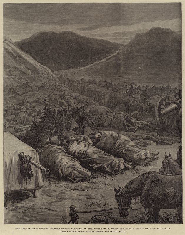 De Afghaanse Oorlog, speciale correspondenten slapen op het slagveld, nacht voor de aanval op Fort Ali Musjid door William Crimea Simpson