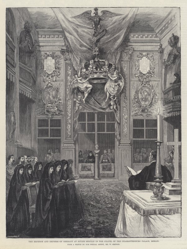 De keizer en keizerin van Duitsland bij de godsdienstoefening in de kapel van het Charlottenburg-paleis, Berlijn door William Crimea Simpson