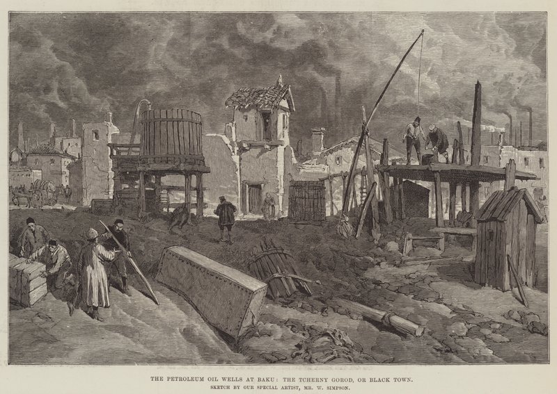 De petroleumoliebronnen in Bakoe, de Tcherny Gorod, of Zwarte Stad door William Crimea Simpson