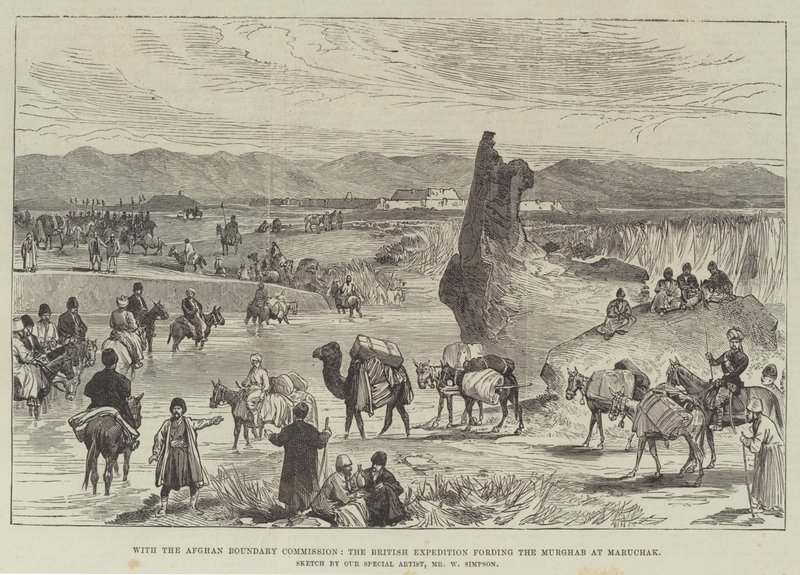 Met de Afghaanse grenscommissie, de Britse expeditie die de Murghab bij Maruchak doorwaadt door William Crimea Simpson