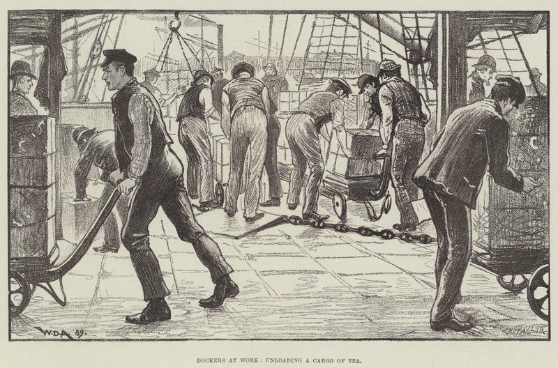 Havenarbeiders aan het werk, lossen van een lading thee door William Douglas Almond