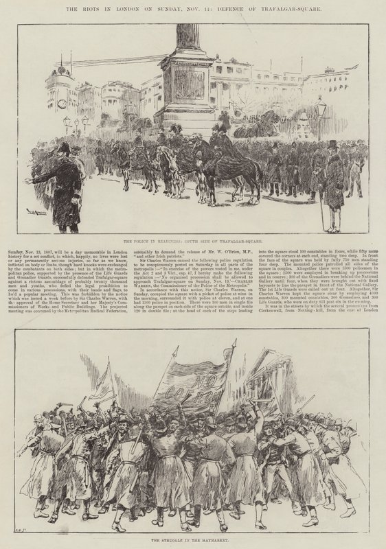 De rellen in Londen op zondag 13 november, verdediging van Trafalgar Square door William Douglas Almond