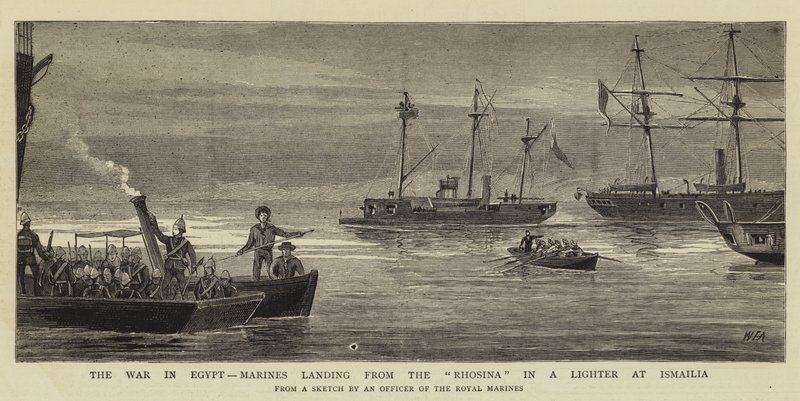 De Oorlog in Egypte, Mariniers landen van de Rhosina in een Lichter bij Ismailia door William Edward Atkins