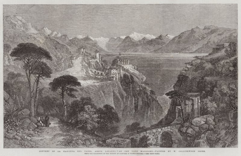 Klooster van La Madonna del Sasso, boven Locarno, aan het Lago Maggiore, van de tentoonstelling van de Society of Painters in Water-Colours door William Harding Collingwood Smith