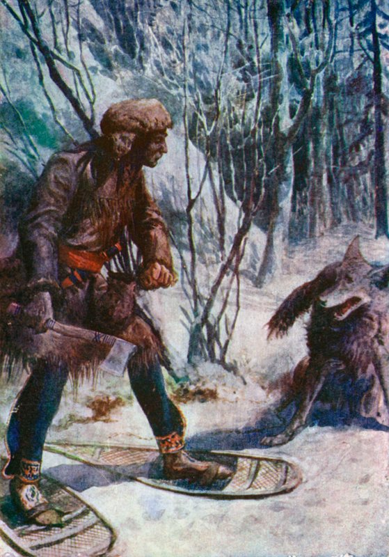 Een grote wolf springt naar hem toe, bijna aan zijn voeten landend door William Henry Charles Groome