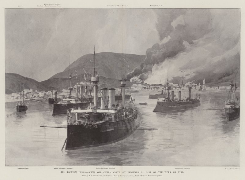 De oostelijke crisis, scène bij Canea, Kreta, op 5 februari, deel van de stad in brand door William Heysham Overend