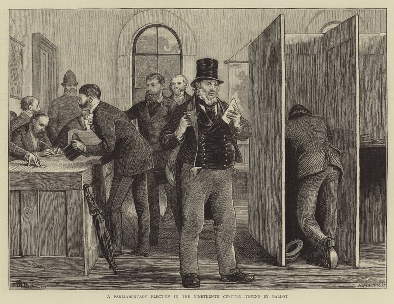 Een parlementaire verkiezing in de negentiende eeuw, stemmen per stembiljet door William III Bromley